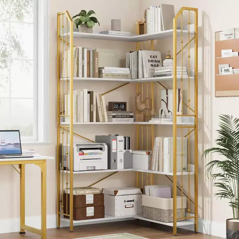 Scaffale angolare a 5 ripiani, libreria alta a L da 183 cm, organizer e contenitore, libreria moderna per camera da letto, soggiorno e ufficio