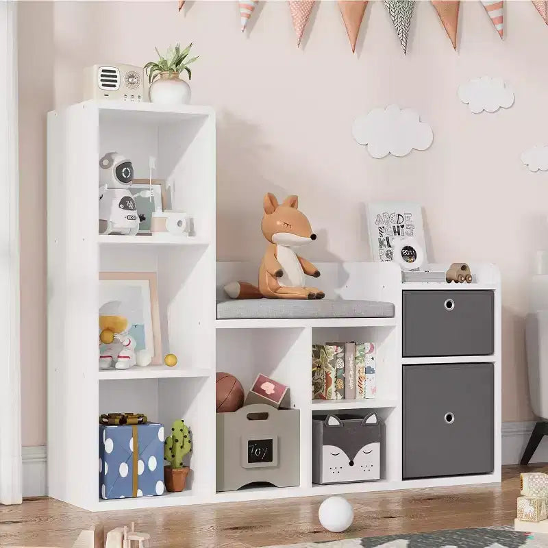 Acekool Scaffale in Legno per Bambini, Libreria con 5 Scomparti a Casetta con Contenitori, Scaffale Organizzatore per la Cameretta dei Bambini, Bianco