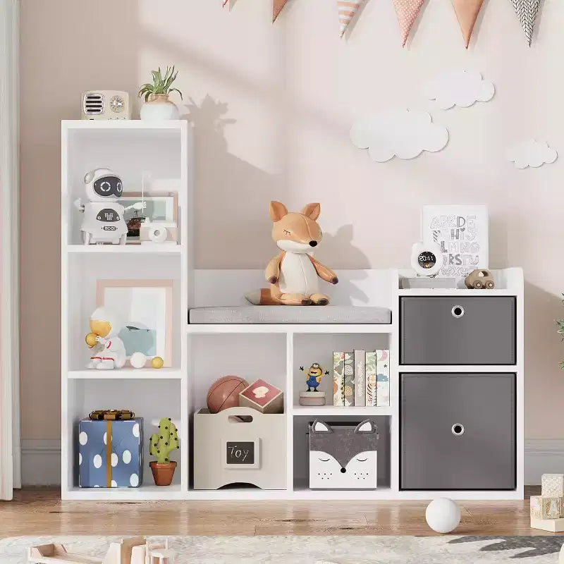Acekool Scaffale in Legno per Bambini, Libreria con 5 Scomparti a Casetta con Contenitori, Scaffale Organizzatore per la Cameretta dei Bambini, Bianco