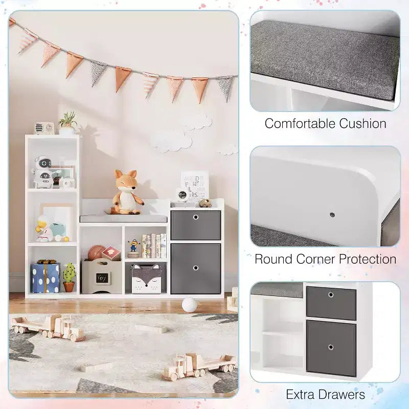Acekool Scaffale in Legno per Bambini, Libreria con 5 Scomparti a Casetta con Contenitori, Scaffale Organizzatore per la Cameretta dei Bambini, Bianco