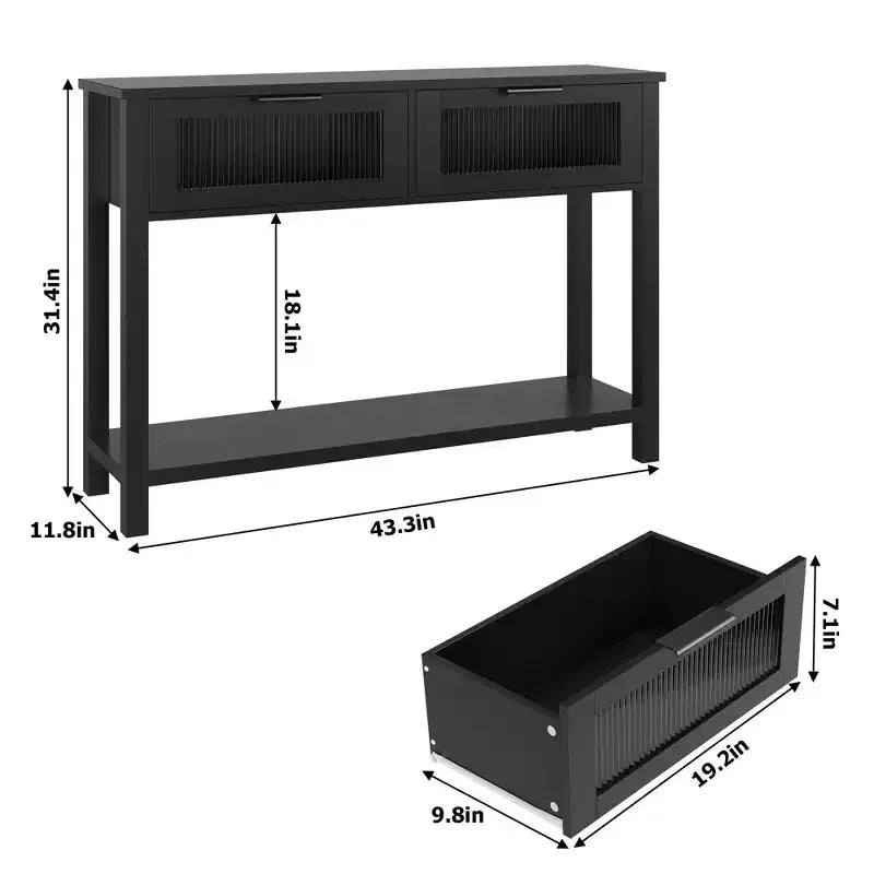 Tavolino da Ingresso, Consolle in Legno con 2 Cassetti in Vetro, Tavolino da Divano a 2 Livelli con Contenitore per Soggiorno, Tavoli per Foyer da Ingresso - Nero