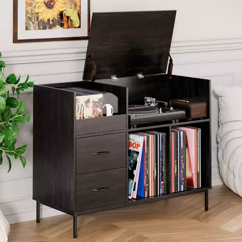 JVNOXK Mobile Giradischi con Coperchio a Ribalta Eco-friendly - Mobiletto in Legno per Dischi in Vinile con Presa di Corrente a Due Posti, Adatto per Soggiorno, Nero