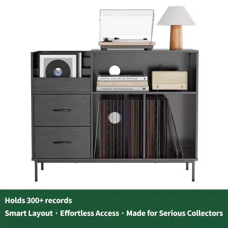 JVNOXK Mobile Giradischi con Coperchio a Ribalta Eco-friendly - Mobiletto in Legno per Dischi in Vinile con Presa di Corrente a Due Posti, Adatto per Soggiorno, Nero