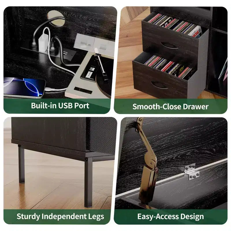 JVNOXK Mobile Giradischi con Coperchio a Ribalta Eco-friendly - Mobiletto in Legno per Dischi in Vinile con Presa di Corrente a Due Posti, Adatto per Soggiorno, Nero