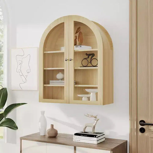 Armadietto da bagno a parete ad arco, mobiletto pensile da medicinali in legno stile rustico con ante in acrilico e ripiani regolabili per cucina e lavanderia