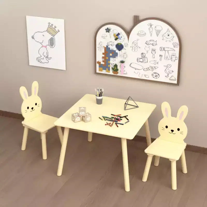 Set Tavolo e Sedie per Bambini con 2 Sedie a Coniglio, Tavolo da Attività in Legno per Bambini, Set da Studio e Gioco con Design Animale Carino per la Stanza dei Giochi