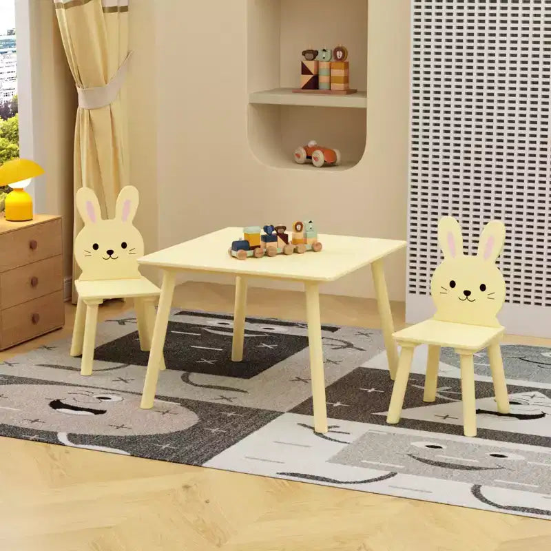 Set Tavolo e Sedie per Bambini con 2 Sedie a Coniglio, Tavolo da Attività in Legno per Bambini, Set da Studio e Gioco con Design Animale Carino per la Stanza dei Giochi