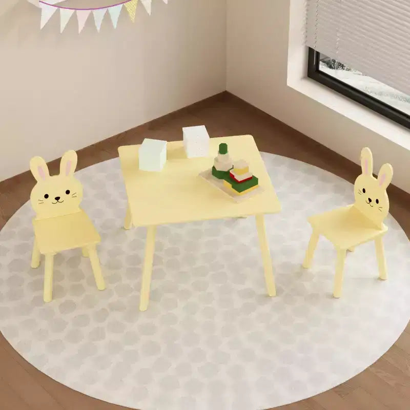 Set Tavolo e Sedie per Bambini con 2 Sedie a Coniglio, Tavolo da Attività in Legno per Bambini, Set da Studio e Gioco con Design Animale Carino per la Stanza dei Giochi