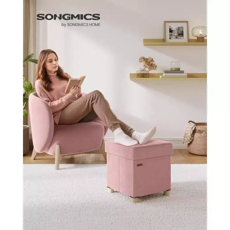 SONGMICS Ottomano Contenitore Piccolo, Sgabello Poggiapiedi Pieghevole, 38 x 38 x 40 cm, Poggiapiedi, 37 L, Superficie in Velluto