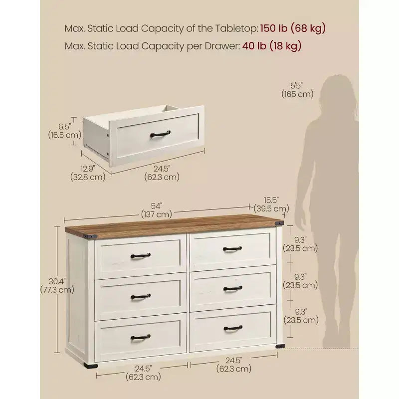VASAGLE Collezione LIRY - Cassettiera a 6 cassetti, Comò in Stile Modern Farmhouse largo 137 cm con Maniglie in Metallo, Mobile TV, Antiribaltamento