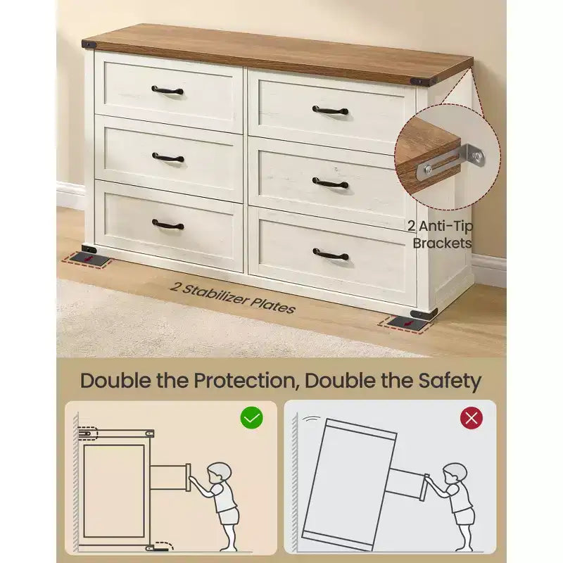 VASAGLE Collezione LIRY - Cassettiera a 6 cassetti, Comò in Stile Modern Farmhouse largo 137 cm con Maniglie in Metallo, Mobile TV, Antiribaltamento