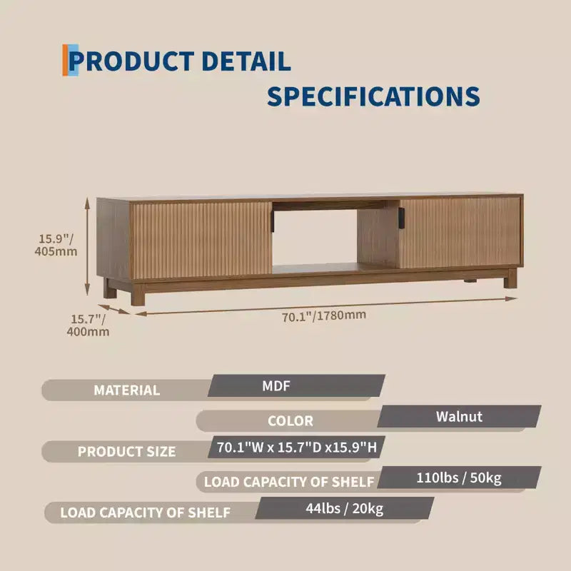 Mobile TV basso moderno di metà secolo, tavolo per console TV con scanalature lungo 70 cm con ripiano portaoggetti aperto per soggiorno, centro di intrattenimento in legno