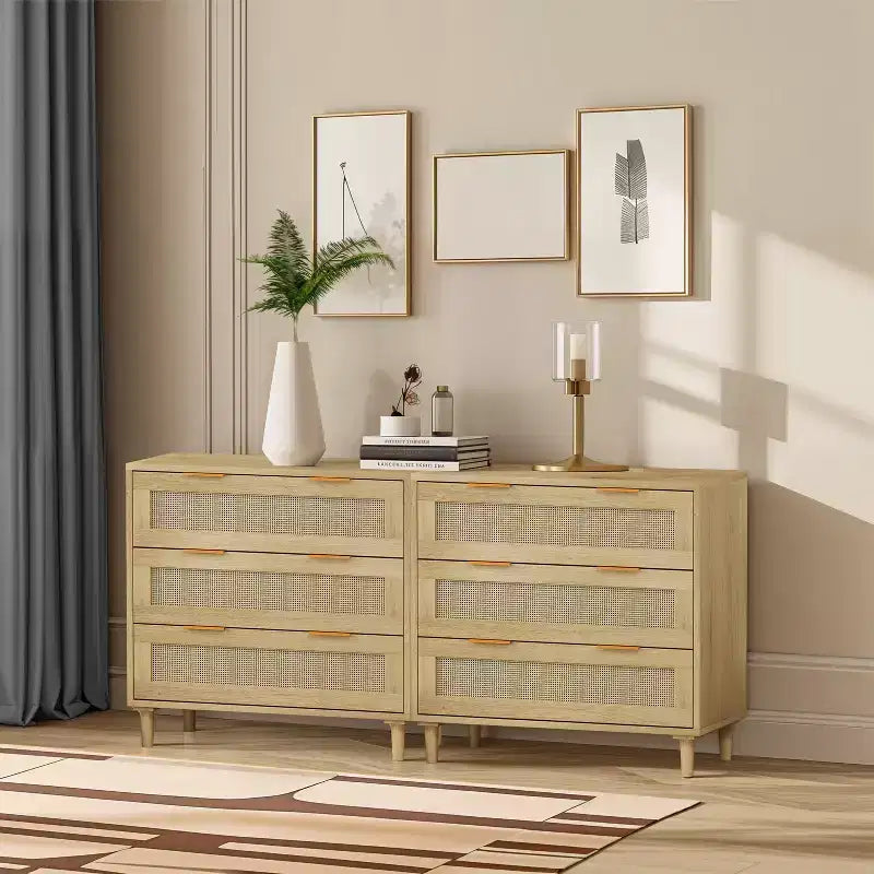 Mobile contenitore moderno in rattan JVNOXK (2 pezzi), toletta in rattan con tre cassetti profondi, adatto per camera da letto o soggiorno, quercia