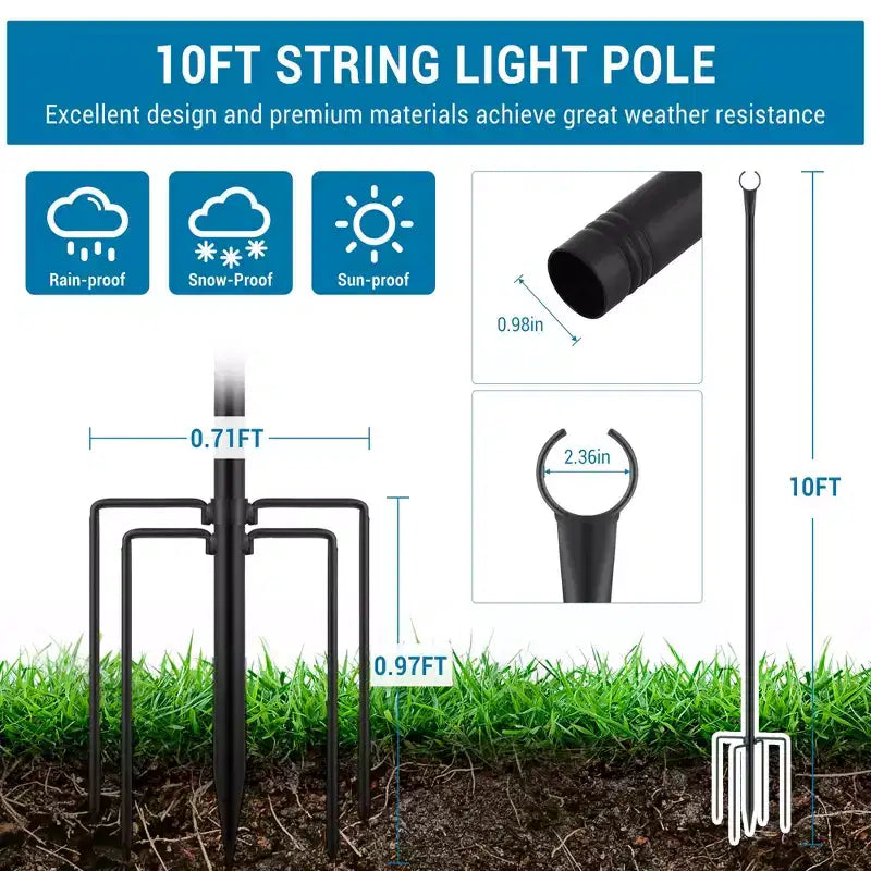 Pali per luci a stringa da esterno da 10FT, Pali in metallo robusto con base a 5 rebbi per appendere luci a stringa, Pali alti per giardino