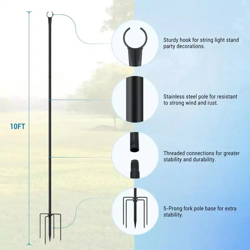 Pali per luci a stringa da esterno da 10FT, Pali in metallo robusto con base a 5 rebbi per appendere luci a stringa, Pali alti per giardino