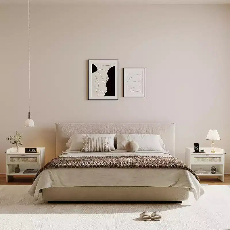 Acekool Comodino in Rattan con Porta Type C, Tavolino da Notte con Cassetto e Ripiano Aperto, Set di 2 Tavolini Laterali Boho
