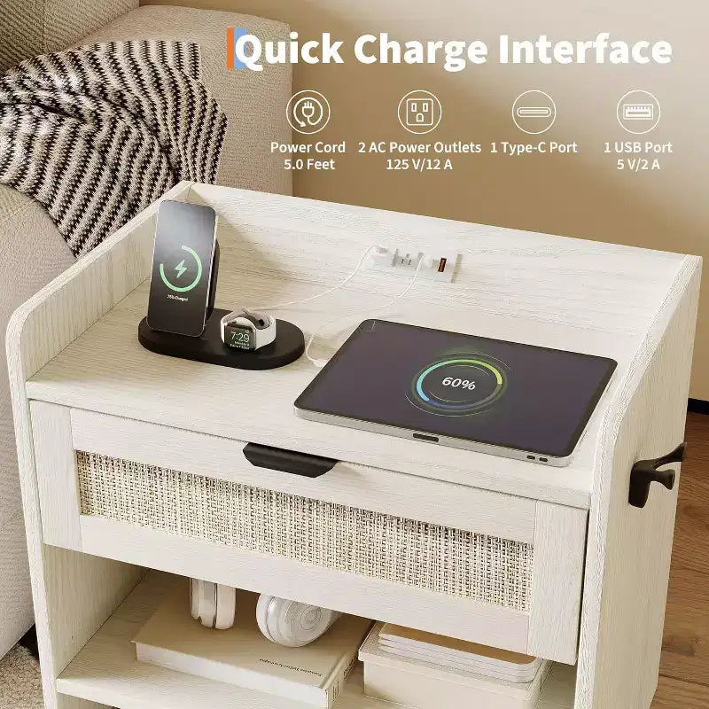 Acekool Comodino in Rattan con Porta Type C, Tavolino da Notte con Cassetto e Ripiano Aperto, Set di 2 Tavolini Laterali Boho