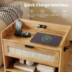 Acekool Comodino in Rattan con Porta Type C, Tavolino da Notte con Cassetto e Ripiano Aperto, Set di 2 Tavolini Laterali Boho