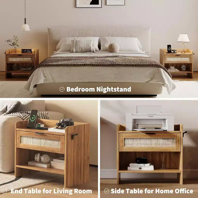 Acekool Comodino in Rattan con Porta Type C, Tavolino da Notte con Cassetto e Ripiano Aperto, Set di 2 Tavolini Laterali Boho