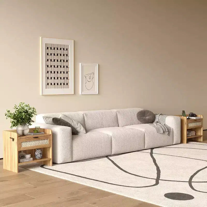 Acekool Comodino in Rattan con Porta Type C, Tavolino da Notte con Cassetto e Ripiano Aperto, Set di 2 Tavolini Laterali Boho