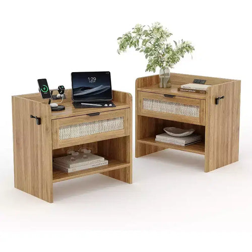 Acekool Rattan Nightstand with Type C Port, Bedside Table with Drawer and Open Shelf, Set of 2 Boho End Tables