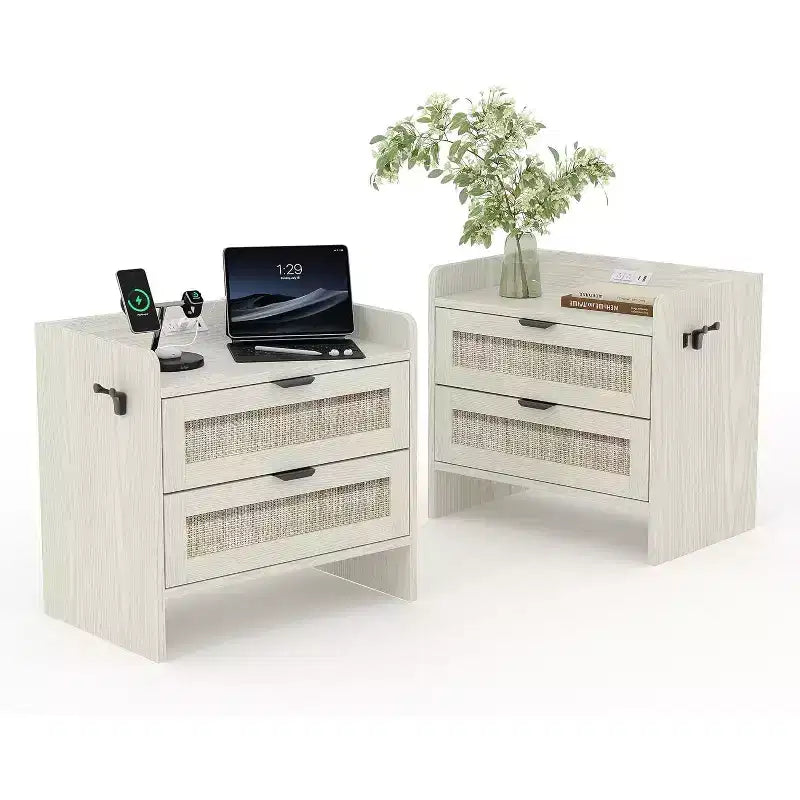 Acekool Comodino in Rattan con Stazione di Ricarica, Comodino Bohemien con 2 Cassetti, Porta Tipo C e USB