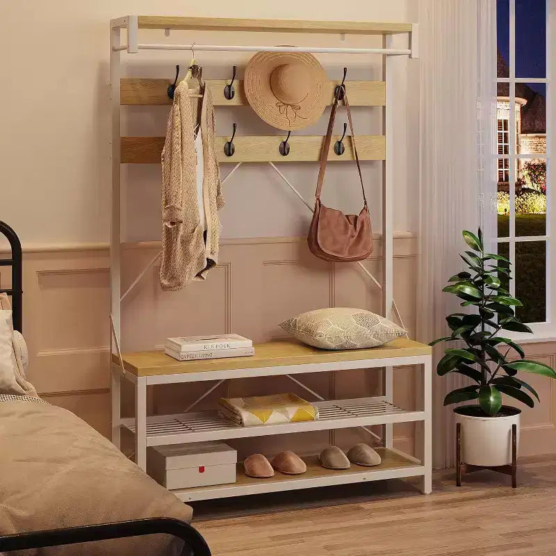 Panca scarpiera industriale Hall Tree, appendiabiti da 72" con ripiano portaoggetti, barra appendiabiti e 8 ganci per ingresso