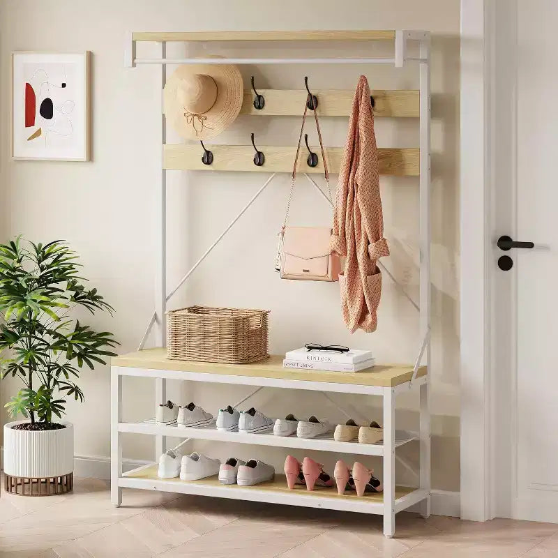 Panca scarpiera industriale Hall Tree, appendiabiti da 72" con ripiano portaoggetti, barra appendiabiti e 8 ganci per ingresso