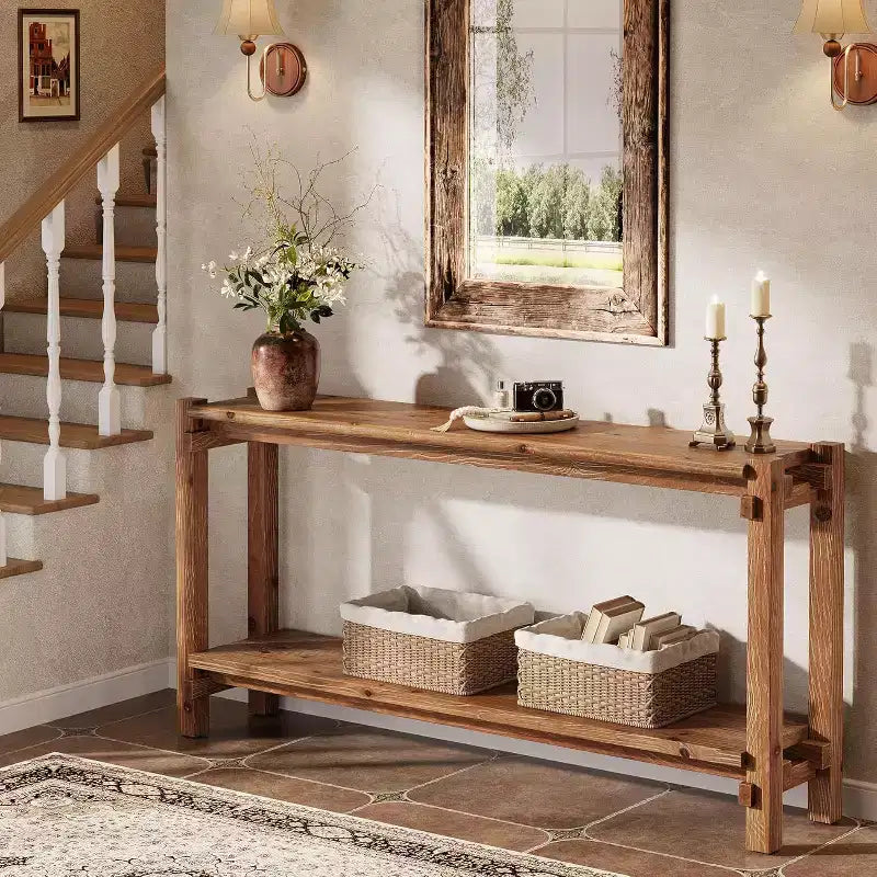 Consolle Lantine in Legno Massello, Tavolo da Ingresso Stretto con Spazio per Contenere per Soggiorno, Ingresso, Dietro il Divano, Marrone