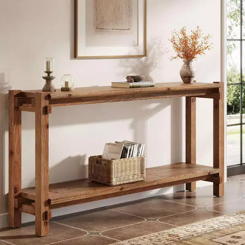 Consolle Lantine in Legno Massello, Tavolo da Ingresso Stretto con Spazio per Contenere per Soggiorno, Ingresso, Dietro il Divano, Marrone