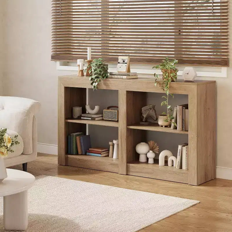 Tavolo da ingresso Lantine da 150 cm con ripiano a 2 livelli, tavolo consolle rettangolare da divano per ingresso, soggiorno, corridoio, colore rovere