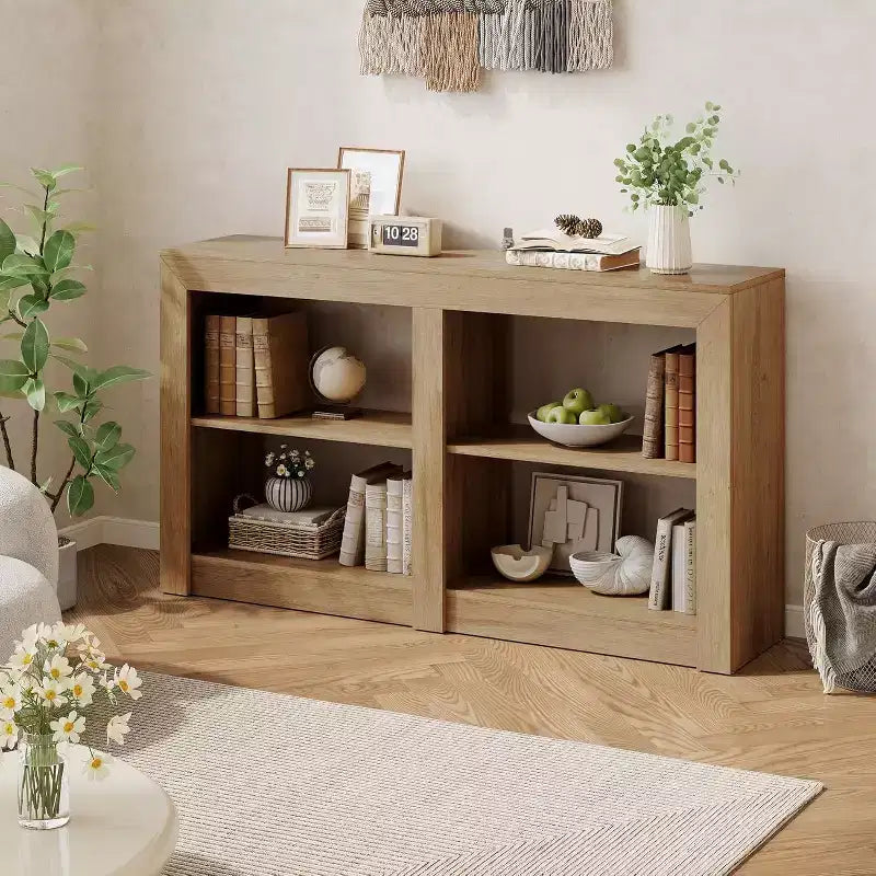 Tavolo da ingresso Lantine da 150 cm con ripiano a 2 livelli, tavolo consolle rettangolare da divano per ingresso, soggiorno, corridoio, colore rovere