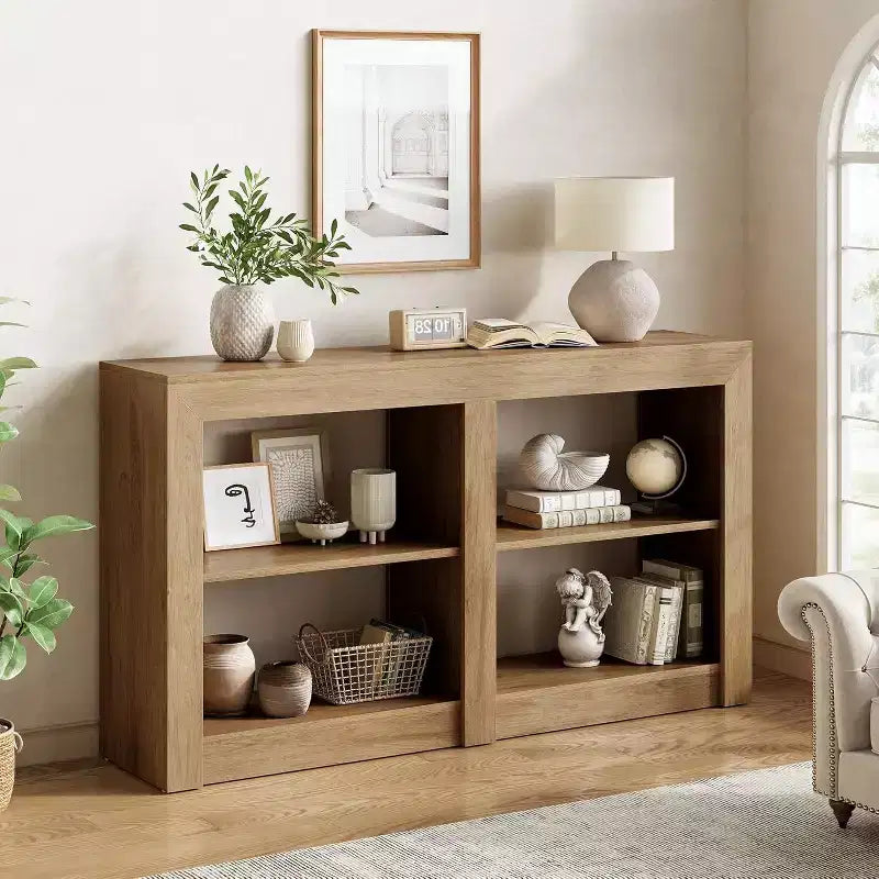 Tavolo da ingresso Lantine da 150 cm con ripiano a 2 livelli, tavolo consolle rettangolare da divano per ingresso, soggiorno, corridoio, colore rovere