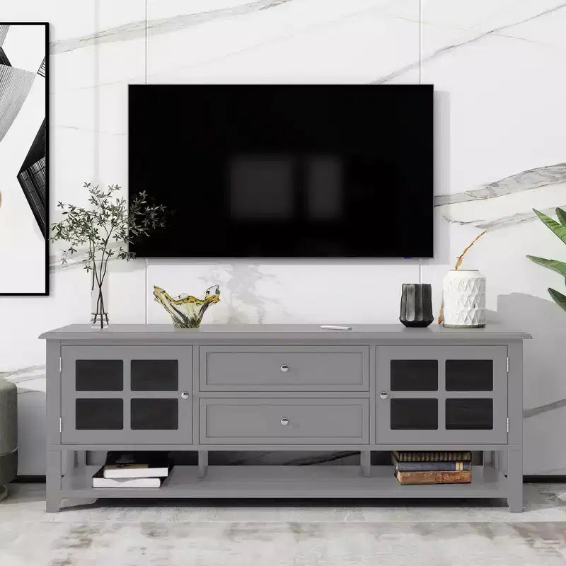 VIYET 59Mobile TV moderno per TV da 60", consolle multimediale in MDF grigio con contenitori multifunzionali e ante magnetiche silenziose