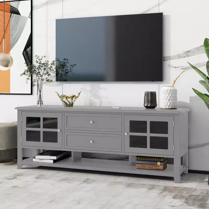 VIYET 59Mobile TV moderno per TV da 60", consolle multimediale in MDF grigio con contenitori multifunzionali e ante magnetiche silenziose