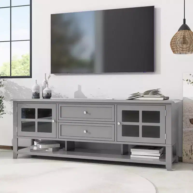 VIYET 59Mobile TV moderno per TV da 60", consolle multimediale in MDF grigio con contenitori multifunzionali e ante magnetiche silenziose