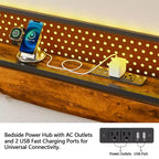 Struttura Letto a Piattaforma Matrimoniale, Testiera Contenitore, Luci a LED, Stazione di Ricarica, Stile Industriale, Metallo e Legno, Resistente, Nessuna Molla Richiesta, Per Bambini, Dormitorio, USB