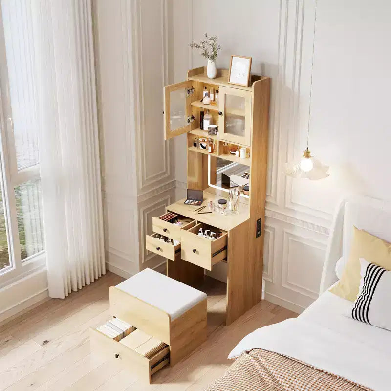 COZONY Toletta 3 in 1, Mobile Trucco Alto con Cassetti Contenitori e Ante in Acrilico, Tavolo da Toeletta con Specchio, Portagioie e Sedia Imbottita