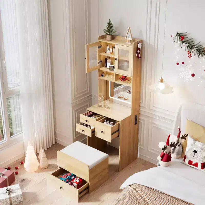 COZONY Toletta 3 in 1, Mobile Trucco Alto con Cassetti Contenitori e Ante in Acrilico, Tavolo da Toeletta con Specchio, Portagioie e Sedia Imbottita