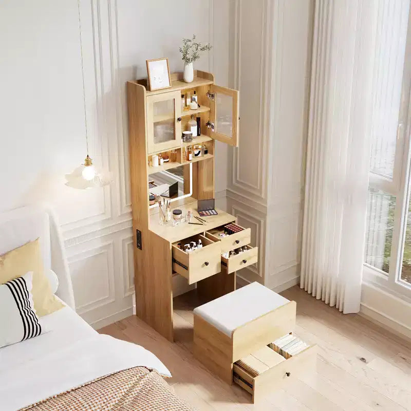 COZONY Toletta 3 in 1, Mobile Trucco Alto con Cassetti Contenitori e Ante in Acrilico, Tavolo da Toeletta con Specchio, Portagioie e Sedia Imbottita