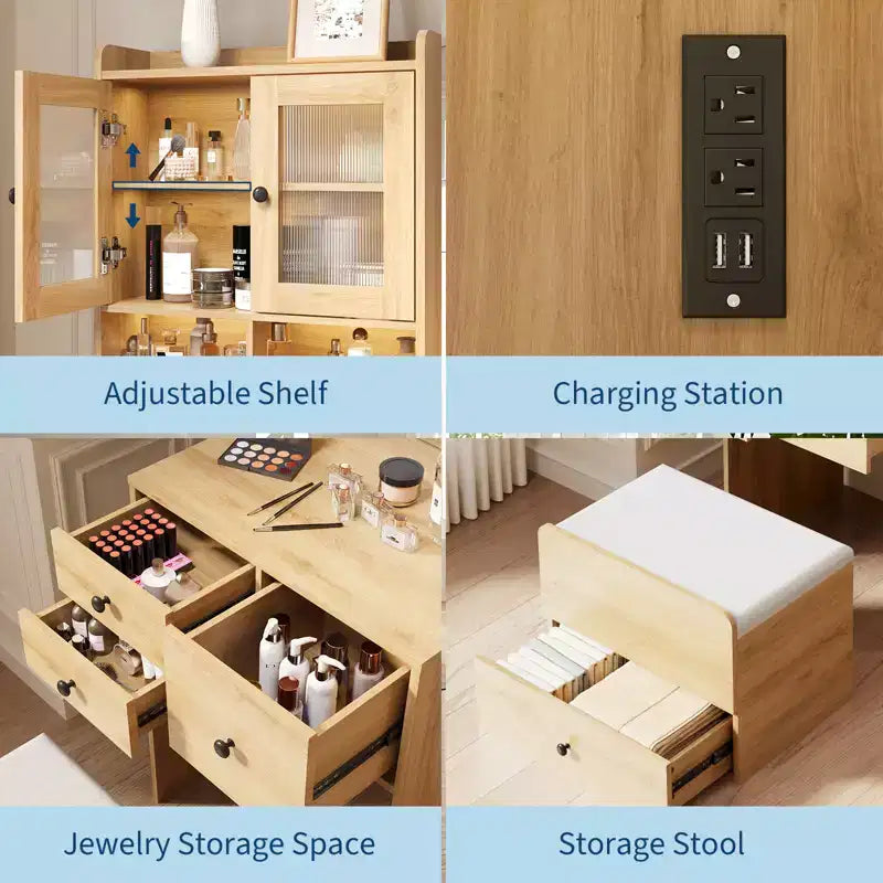 COZONY Toletta 3 in 1, Mobile Trucco Alto con Cassetti Contenitori e Ante in Acrilico, Tavolo da Toeletta con Specchio, Portagioie e Sedia Imbottita