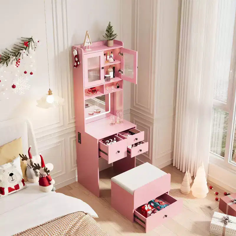 COZONY Toletta 3 in 1, Mobile Trucco Alto con Cassetti Contenitori e Ante in Acrilico, Tavolo da Toeletta con Specchio, Portagioie e Sedia Imbottita