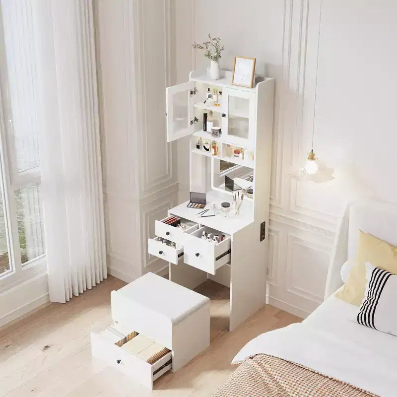 COZONY Toletta 3 in 1, Mobile Trucco Alto con Cassetti Contenitori e Ante in Acrilico, Tavolo da Toeletta con Specchio, Portagioie e Sedia Imbottita