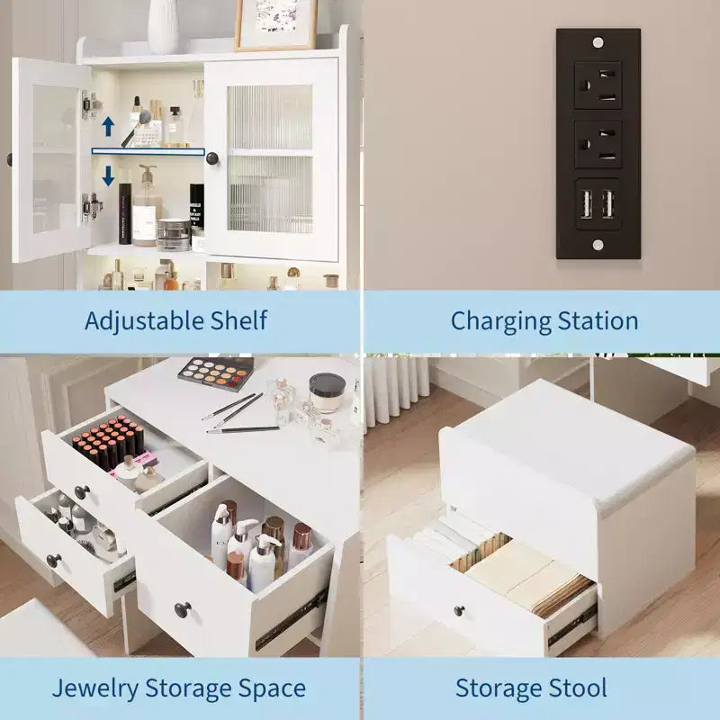 COZONY Toletta 3 in 1, Mobile Trucco Alto con Cassetti Contenitori e Ante in Acrilico, Tavolo da Toeletta con Specchio, Portagioie e Sedia Imbottita