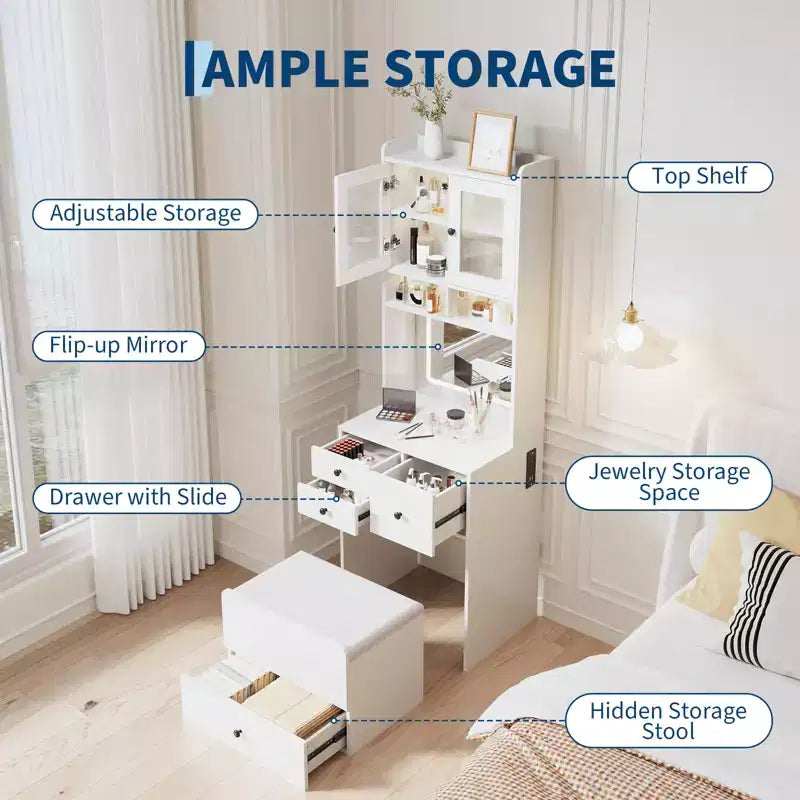 COZONY Toletta 3 in 1, Mobile Trucco Alto con Cassetti Contenitori e Ante in Acrilico, Tavolo da Toeletta con Specchio, Portagioie e Sedia Imbottita