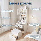 COZONY Toletta 3 in 1, Mobile Trucco Alto con Cassetti Contenitori e Ante in Acrilico, Tavolo da Toeletta con Specchio, Portagioie e Sedia Imbottita