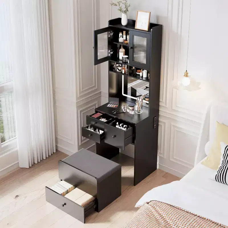 COZONY Toletta 3 in 1, Mobile Trucco Alto con Cassetti Contenitori e Ante in Acrilico, Tavolo da Toeletta con Specchio, Portagioie e Sedia Imbottita
