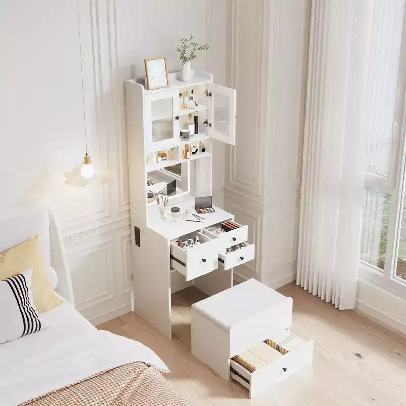 COZONY Toletta 3 in 1, Mobile Trucco Alto con Cassetti Contenitori e Ante in Acrilico, Tavolo da Toeletta con Specchio, Portagioie e Sedia Imbottita