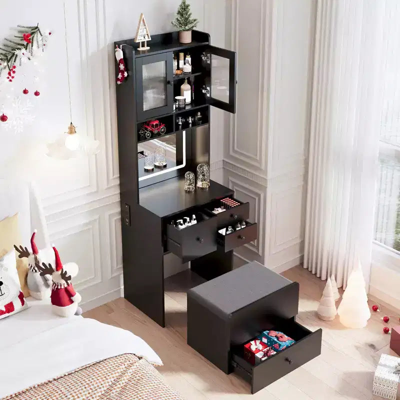 COZONY Toletta 3 in 1, Mobile Trucco Alto con Cassetti Contenitori e Ante in Acrilico, Tavolo da Toeletta con Specchio, Portagioie e Sedia Imbottita