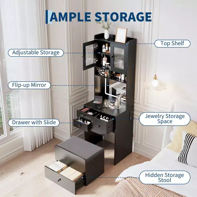 COZONY Toletta 3 in 1, Mobile Trucco Alto con Cassetti Contenitori e Ante in Acrilico, Tavolo da Toeletta con Specchio, Portagioie e Sedia Imbottita
